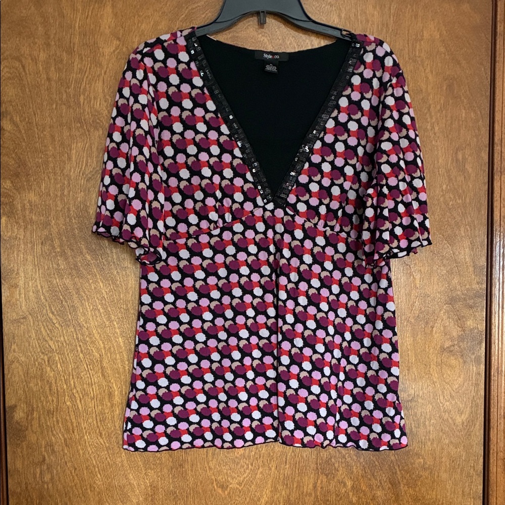 Style & Co. Black and Pink Polka Dot V-Neck Blouse